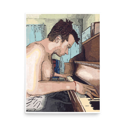 Art print of a man playing piano, named Ivory Keys.