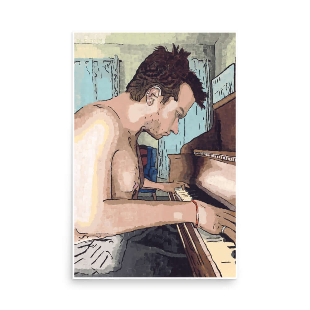 A man playing the piano in a painting titled Ivory Keys.