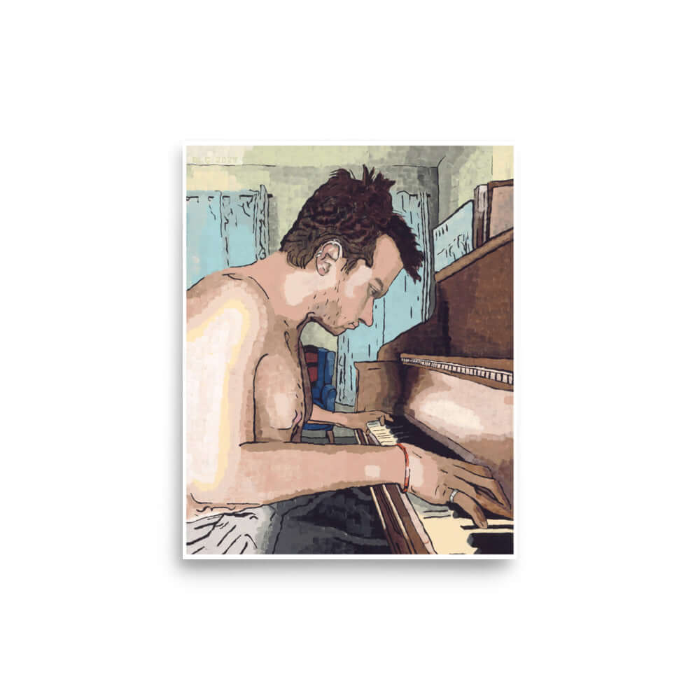 An art print named "Ivory Keys," showcasing a man engrossed in playing the piano, embodying the beauty of music.