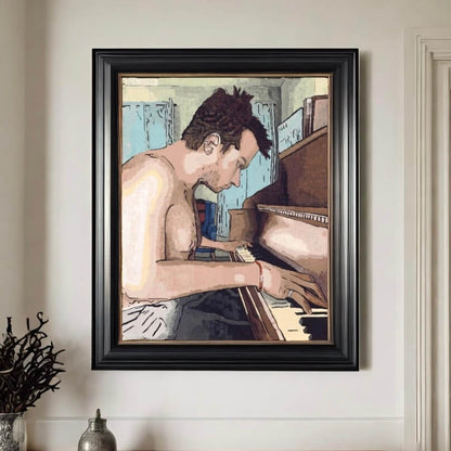 A painting named "Ivory Keys" illustrating a man at the piano, embodying the harmony and grace of musical performance.