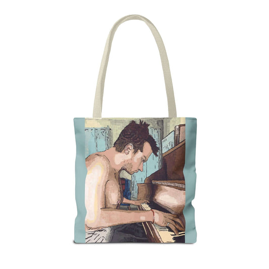 A luxurious tote bag featuring the painting Ivory Keys, depicting a man playing the piano.