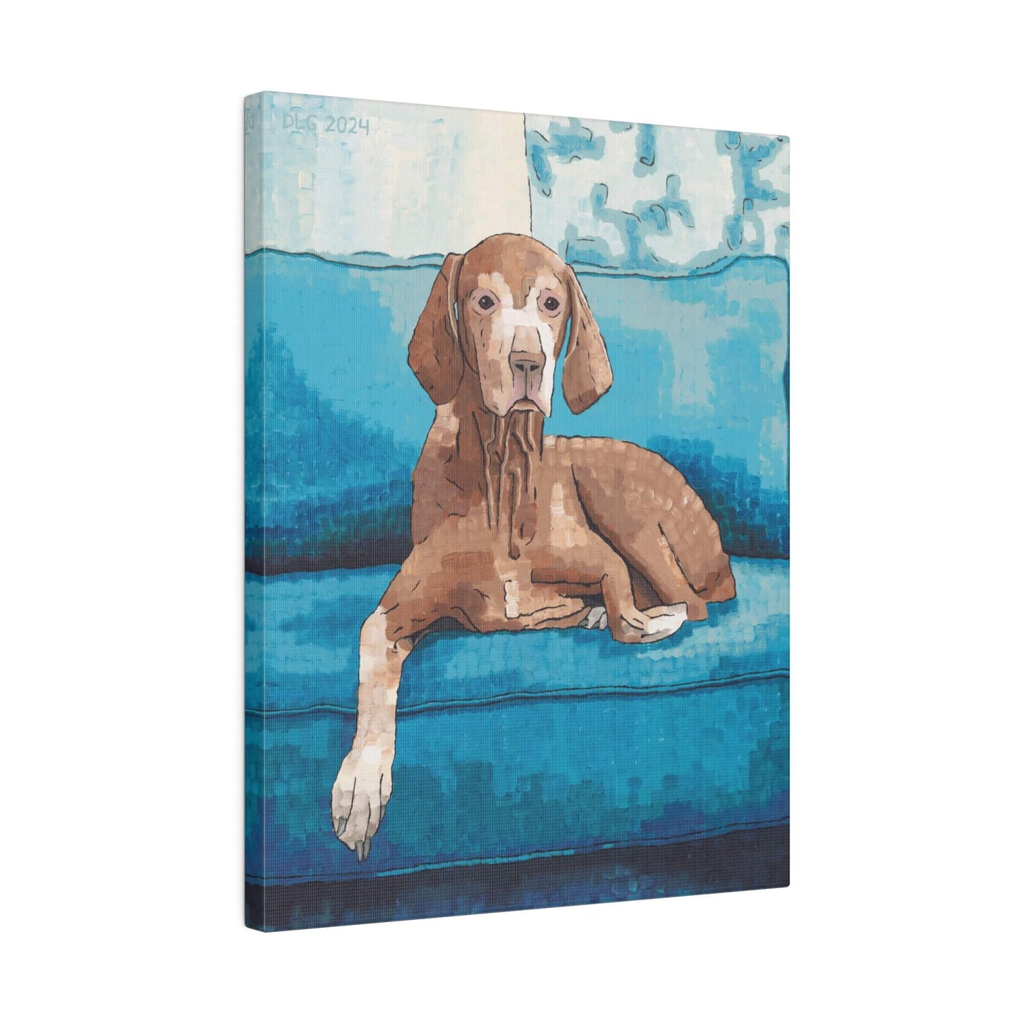 A art print of a dog sitting on a blue couch with a white backdrop.