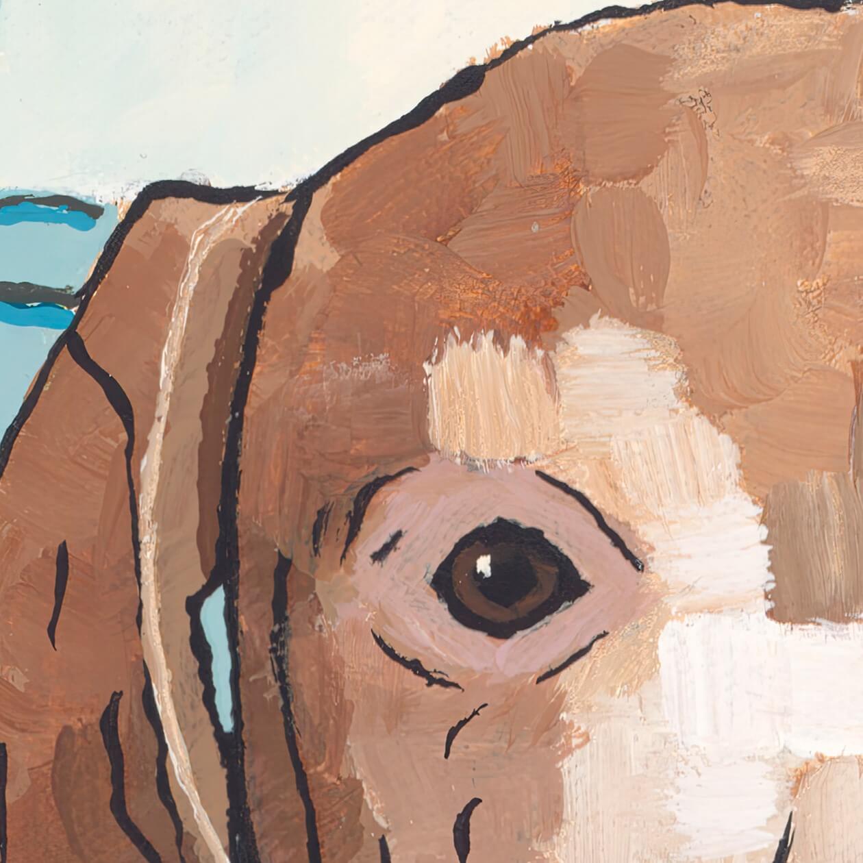 Close up view of a painting of a Vizsla dog eye against blue background.