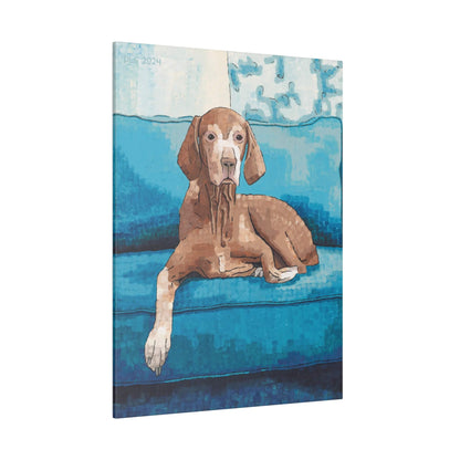 A painting of a sweet pup relaxing on a blue sofa with a white wall behind.