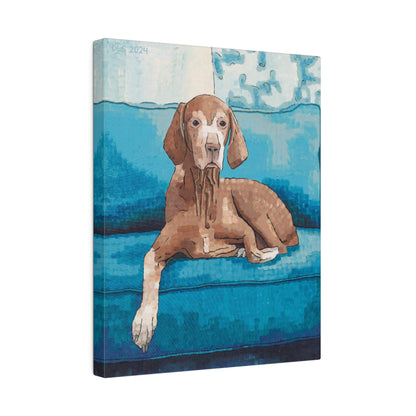 A painting of a blue couch with a dog sitting on it, set against a white background.