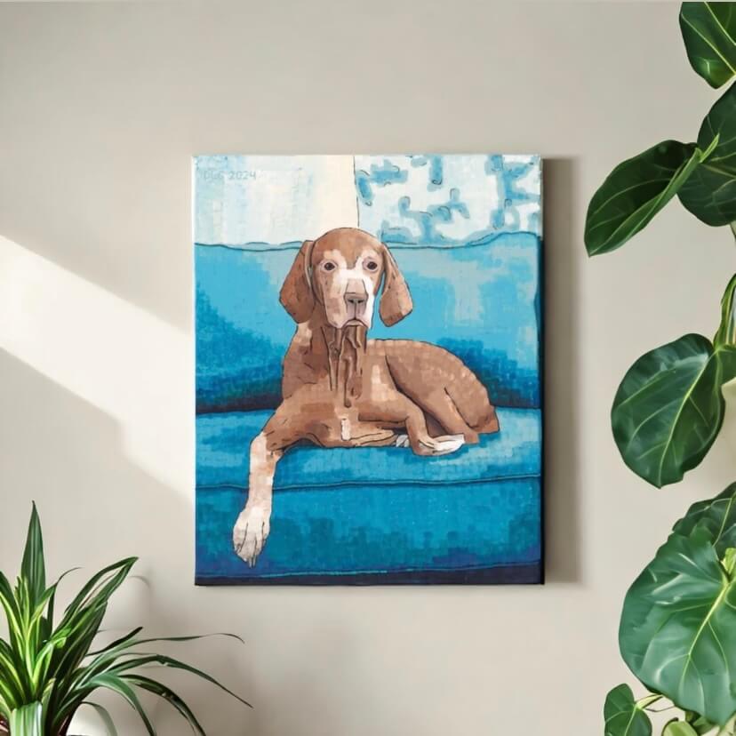 Vizsla Dog painting of a dog sitting on a blue couch.